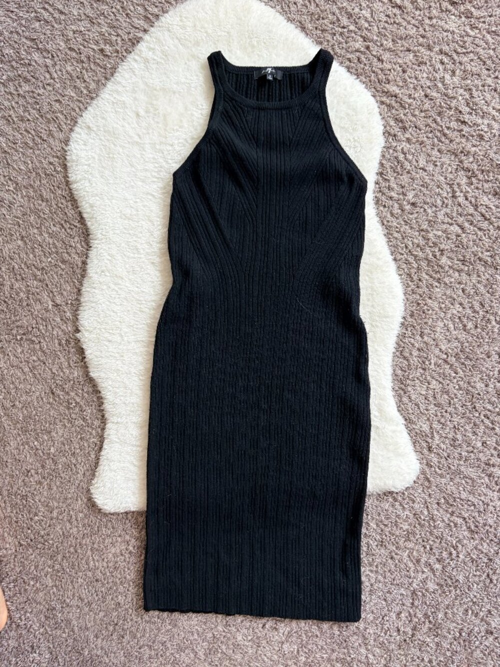 7 For All Mankind, black ribbed, high neck midi bodycon dress, size s